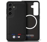Coque Pour Galaxy S25 BMW En Cuir Synthétique Perforé Noir MagSafe Logo Métal