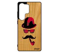 Coque Pour Galaxy S25 Ultra En Bois Veritable Silicone Monsieur Moustache Femme Noir Chapeau Melon Portable Bumper Tag Rose Pour Samsung