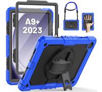 Coque pour Galaxy Tab A9 Plus 11 Pouces 2023, Coque Antichoc pour Galaxy Tab A9 Plus avec Protecteur D'écran, Support Rotatif à 360°/Dragonne, Bandoulière, avec Porte-Stylo, Bleu