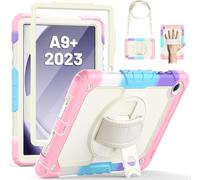 Coque Pour Galaxy Tab A9 Plus 11 Pouces 2023, Coque Antichoc Pour Galaxy Tab A9 Plus Avec Protecteur D'écran, Support Rotatif À 360°/Dragonne, Bandoulière, Porte-Stylo, Camo Rose