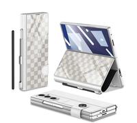 COQUE pour Galaxy Z Fold 7 avec Film, étui à Rabat en Cuir et Verre avec Emplacement pour Stylo, Support pour Samsung Galaxy Z Fold 7-Blanc Échecs