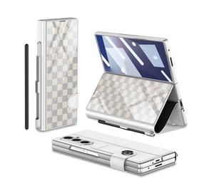 COQUE pour Galaxy Z Fold 7 avec Film, étui à Rabat en Cuir et Verre avec Emplacement pour Stylo, Support pour Samsung Galaxy Z Fold 7-Blanc Échecs