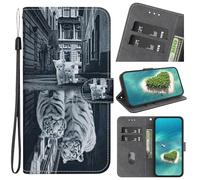 Coque pour Google Pixel 8a, PU en Cuir Coque Portefeuille Étui Housse, Design Étui en Cuir Flip Cover 360 Rabat Pochette avec Fente Carte pour Google Pixel 8a,Joli Petit Chat Miroir Tigre