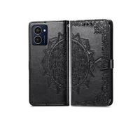 Coque pour HMD Pulse Pro Etui Portefeuille à Rabat Magnétique en Cuir PU Motif Mandala avec Emplacements pour Cartes et Cordon Antichoc Noir