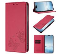 Coque pour Honor 600 Smart Housse Cuir PU Fente Carte Fonction Support Étuis à Rabat Blocage RFID Motif Papillon Etui Portefeuille pour Honor 600 Smart, Rouge