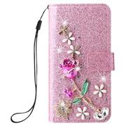 Coque pour Honor X8C 4G,Flip Case Étui Paillette Glitter Bling Portefeuille en Cuir Housse avec Fleur de Rose Strass,Fentes de Cartes,Fermeture Magnétique pour Honor X8C 4G