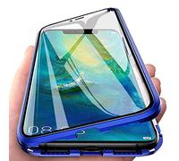 Coque pour Huawei Mate 20 Pro Cover Magnétique Adsorption Technologie 360 Degrés Protection Etui Transparent Verre Trempé Plein écran Avant et Après Housse Bumper Métal Frame Etui Flip Case,Bleu
