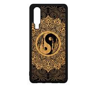 Coque pour Huawei P30 Bois Silicone Yin et Yang coloré Smartphone ELE-L29 Noir Plume
