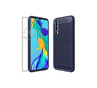 Coque pour Huawei P30 Gel Silicone Motif Fibre Carbone Premium, Bleu Foncé + Film VERRE Trempé
