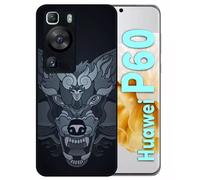 Coque Pour Huawei P60 - Loup Fond Gris - Silicone - Noir