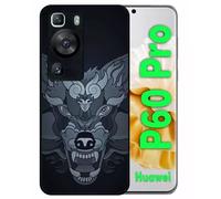 Coque Pour Huawei P60 Pro - Loup Fond Gris - Silicone - Noir