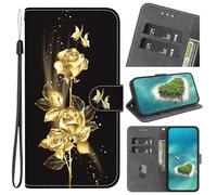 Coque pour Huawei Y6p, Housse Etui Portefeuille Cuir PU Multifonction, Magnétique Étui de Protection pour Huawei Y6p, Fleurs de Rose dorées