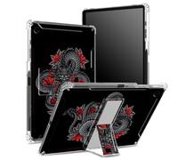 Coque pour iPad 10,2" (modèle 2021/2020/2019, génération 9/8/7) avec porte-crayon, dos transparent avec roses dragon, protection des coins, coque antichoc avec béquille rigide