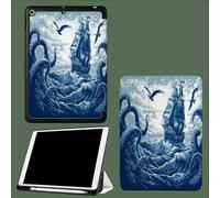 Coque pour iPad 10e Gén 10,9" 2022, Étui avec Coque Arrière TPU Souple à Rabat,Réveil/Sommeil Auto Ancien Voilier Abstrait Tentacules Animaux-Bleu