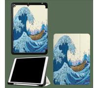 Coque pour iPad 10e Gén 10,9" 2022, Étui avec Coque Arrière TPU Souple à Rabat,Réveil/Sommeil Auto Dessin Animé Vagues Énormes Japonais Voilier-Bleu