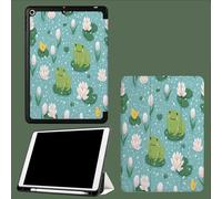 Coque pour iPad 10e Gén 10,9" 2022, Étui avec Coque Arrière TPU Souple à Rabat,Réveil/Sommeil Auto Fleurs Nénuphars Grenouilles Illustrations-Vert