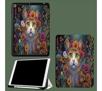 Coque pour iPad 10e Gén 10,9" 2022, Étui avec Coque Arrière TPU Souple à Rabat,Réveil/Sommeil Auto Fleurs Sauvages Chat Réalistes Animaux-Vert
