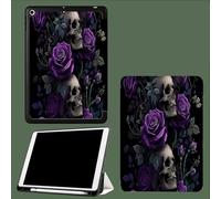 Coque pour iPad 10e Gén 10,9" 2022, Étui avec Coque Arrière TPU Souple à Rabat,Réveil/Sommeil Auto Roses Violettes Fleurs Film Gothique Crâne-Noir