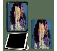 Coque pour iPad 11 génération A16 2025 avec Support Stylet, Support Trifold, Mise en Veille/réveil Automatique, Coque arrière en TPU Flexible Femme Qui Se Couvre Les Yeux Fleurs Réalistes-Bleu