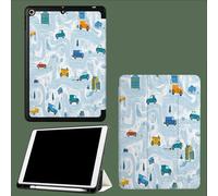 Coque pour iPad 5ème/6ème Génération 2017/2018, Coque Protection pour iPad 9.7 Pouces, Étui Case Fine et Légère en PU Souple Housse Cover, Veille/Réveil Automatique -Voitures Rues De Dessins Animés