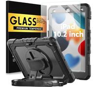 Coque pour iPad 8e génération 2020 10,2" avec protection d'écran en verre trempé et support pour stylo | Protection robuste pour enfants iPad 7e/8e génération 10,2 avec support et bandoulière | Noir