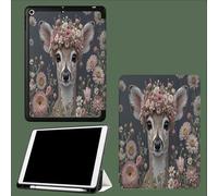 Coque pour iPad 9,7 Pouces (6ème/5ème Génération, 2018/2017) avec Porte-Stylet, Étui Housse Mince Tablette avec Dos en TPU Souple, Réveil/Veille Automatique Nature Fleurs Cerfs Campagne Animaux-Gris