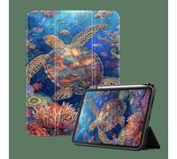 Coque pour iPad Air 1 (2013) et iPad Air 2 (2014) - Réveil/Veille Automatique et Porte-Crayon - Compatible avec Le modèle n° A1474/A1475/A1476/A1566/A1567, Tortue Corail colorée