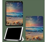 Coque pour iPad Air 13" M3 2025/M2 2024 avec Porte-Crayon, Support à Trois Volets avec Dos en TPU Souple, Veille/réveil Automatique Coucher Soleil Plage Nature Coquillages Vagues-Bleu