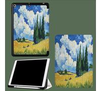 Coque pour iPad Air 13" M3 2025/M2 2024 avec Porte-Crayon, Support à Trois Volets avec Dos en TPU Souple, Veille/réveil Automatique Rétro Champ Blé Montagnes Peinture À l'huile-Bleu