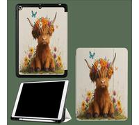 Coque pour iPad Air 13" M3 2025/M2 2024 avec Porte-Crayon, Support à Trois Volets avec Dos en TPU Souple, Veille/réveil Automatique Adorables Bovins des Highlands Fleurs Papillons-Beige