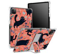 Coque pour iPad Pro 11" 4e/3e/2e/1ère génération 2022/2021/2020/2018 avec porte-crayon, dos transparent avec fleurs de chat noir, coque d'angle antichoc avec béquille