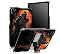 Coque pour iPad Pro 11" 4e/3e/2e/1ère génération 2022/2021/2020/2018 avec porte-crayon, dos transparent avec pleine lune rouge loup, coin antichoc avec béquille