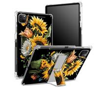 Coque pour iPad Pro 11" 4e/3e/2e/1ère génération 2022/2021/2020/2018 avec porte-crayon, dos transparent avec tournesols et papillons, coque d'angle antichoc avec béquille