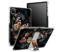 Coque pour iPad Pro 11" 4e/3e/2e/1ère génération 2022/2021/2020/2018 avec porte-crayon, dos transparent avec papillon et fleurs, coin antichoc avec béquille