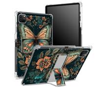 Coque pour iPad Pro 11" 4e/3e/2e/1ère génération 2022/2021/2020/2018 avec porte-crayon, dos transparent avec papillons et fleurs, coque d'angle antichoc avec béquille
