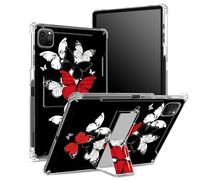 Coque pour iPad Pro 11" 4e/3e/2e/1ère génération 2022/2021/2020/2018 avec porte-crayon, dos transparent avec papillons rouges, noirs et blancs, coque d'angle antichoc avec béquille