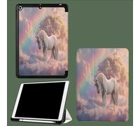 Coque pour iPad Pro 12.9 Pouces, Etui de Protection en Cuir PU Mince et Léger Housse Cover avec Fonction Sommeil/Réveill Automatique Fantaisie Cheval Arc-en-Ciel Élégance Animaux-Blanc