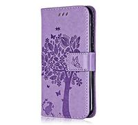 Coque pour iPhone 11 Pro, Conber Etui en Cuir PU Portefeuille, Antichoc Flip Case Housse Rétro Emboss Série de Chat et d'arbre pour iPhone 11 Pro - Lavande