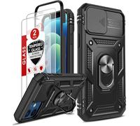 Coque Pour Iphone 12 Anneau Avec 2*Verre Trempé Et Lentille Coulissante Couverture, Protection De Caméra, Dur Pc Anti-Chut Renforcée Heavy Duty Bumper Housse Etui Iphone 12 Antichoc-Noir