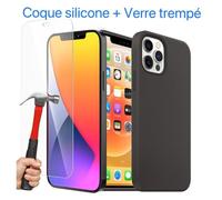 Coque pour iPhone 12 -Silicone Noir + 1 Vitre Verre Trempé -Boutique AntechPro