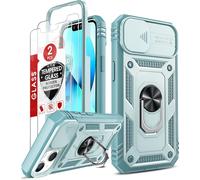 Coque Pour Iphone 13 6.1""(Pas 13 Pro Max/13 Pro) Avec 2*Verre Trempé+Anneau Support,Full Protection De La Caméra En Pc Dur Anti-Chut Renforcée Armor Heavy Duty Antichoc Bumper Housse Etui¿Vert