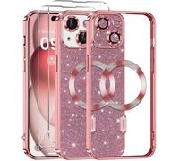 Coque pour iPhone 13 - MASSILIA TECH - Transparent Chromé - 2 Vitres Trempées - Feuille Strass - Brillant Rose