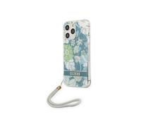 Coque pour iPhone 13 Pro Flowers avec lanière nylon Bleu