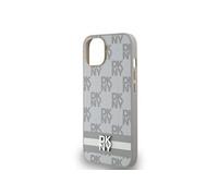 Coque pour iPhone 14 Elégante avec Motifs à Carreaux et à Rayures Beige