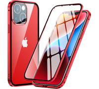 Coque Pour Iphone 14 Magnétique Etui, 360 Degrés Protection Antichoc Case Cover [Avec Protecteur D'objectif De Caméra] Métal Bumper Avant Arrière Transparente Verre Trempé, Rouge[Wke03738]