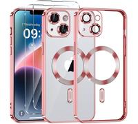 Coque pour iPhone 14 - Massilia Tech - Transparent - MagSafe - 2 Vitres Trempées - Rose Brillant