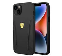Ferrari Étui de protection en cuir véritable pour iPhone 14 Plus Noir avec côtés estampillés à chaud, durable et anti-rayures avec encliquetage, absorption des chocs et logo signature