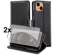 Coque pour iPhone 14 Plus - MASSILIA TECH - Souple - Noir - Portefeuille - 2 Vitres en Verre Trempé