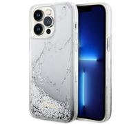 Coque pour iPhone 14 Pro Max Guess à paillettes liquides effet marbre blanc