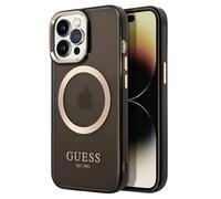 CG MOBILE Guess Coque Compatible avec Magsafe avec Contour doré translucide, dernier Design Brillant, Anti-Rayures, résistant aux dommages, Compatible avec iPhone 14 Pro Max (Noir)